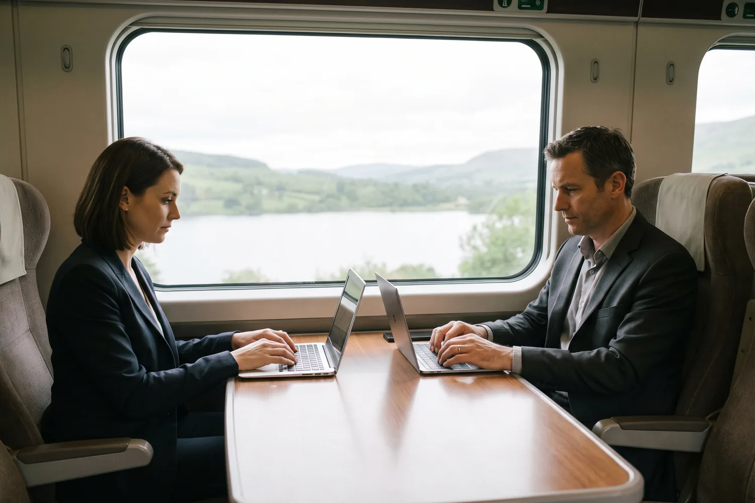 Two executives working on laptops in a train carriage, a lake and hills through the window