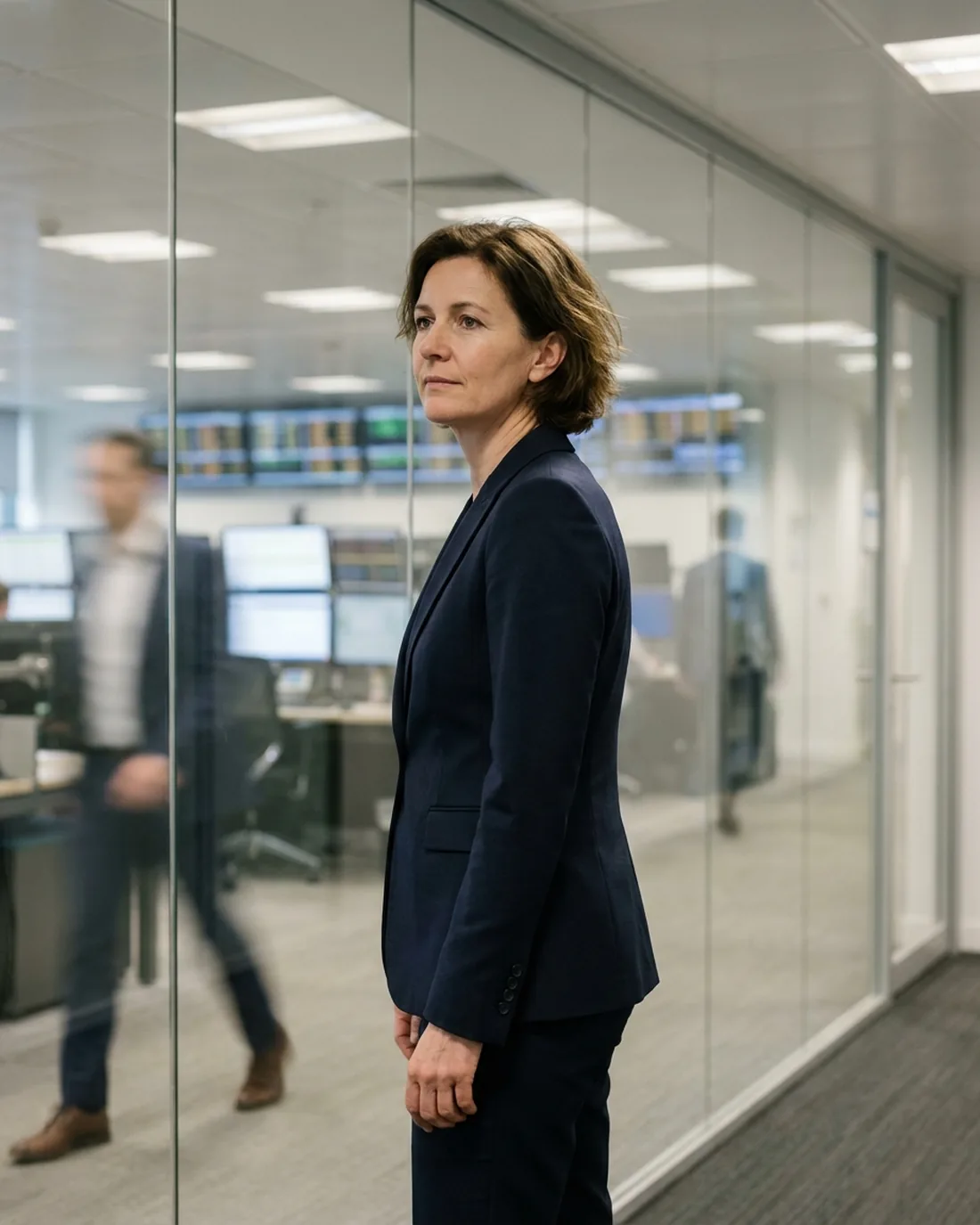 A finance chief in a dark suit in a glass-walled corridor beside a trading floor